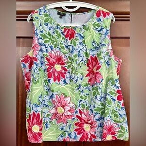 Talbots Blue and Green with Pink Flowers Sleeveless Blouse Vibrant Top